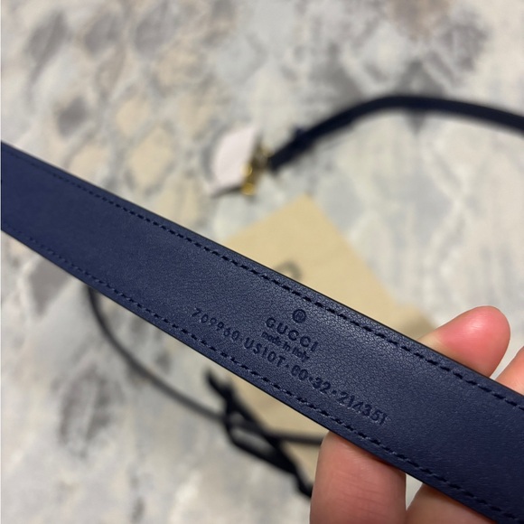 GUCCI BELT GG MARMONT ANTIQUE BRASS MEMORABLE BUCKLE BLUE AGATA WOMENS - Picture 5 of 9